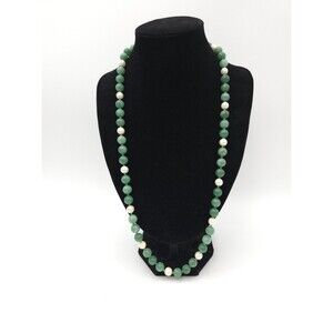 Pearl And Green Aventurine Beaded Hand Knotted Necklace 10mm Beads 26" Long